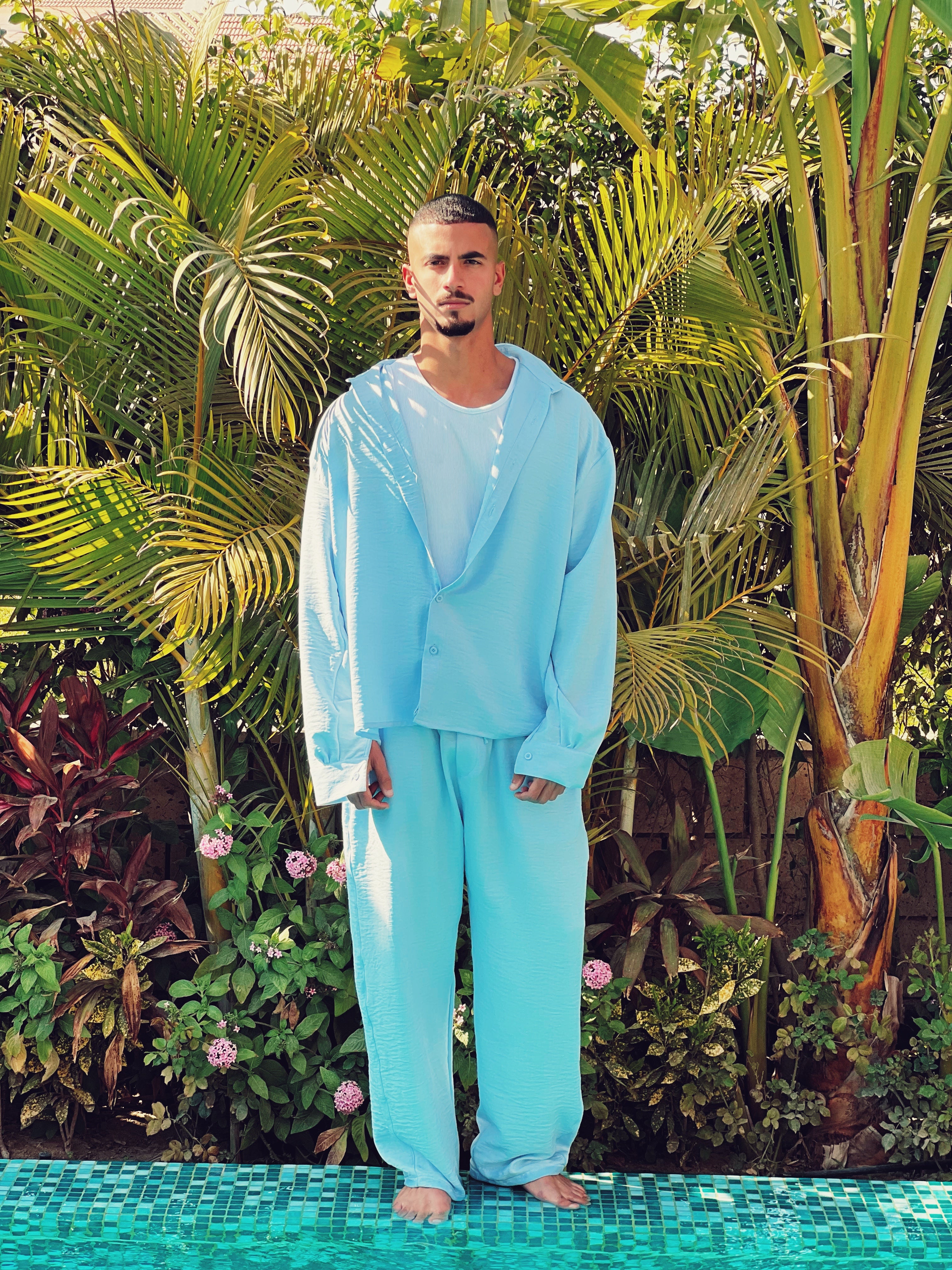 blue linen pants